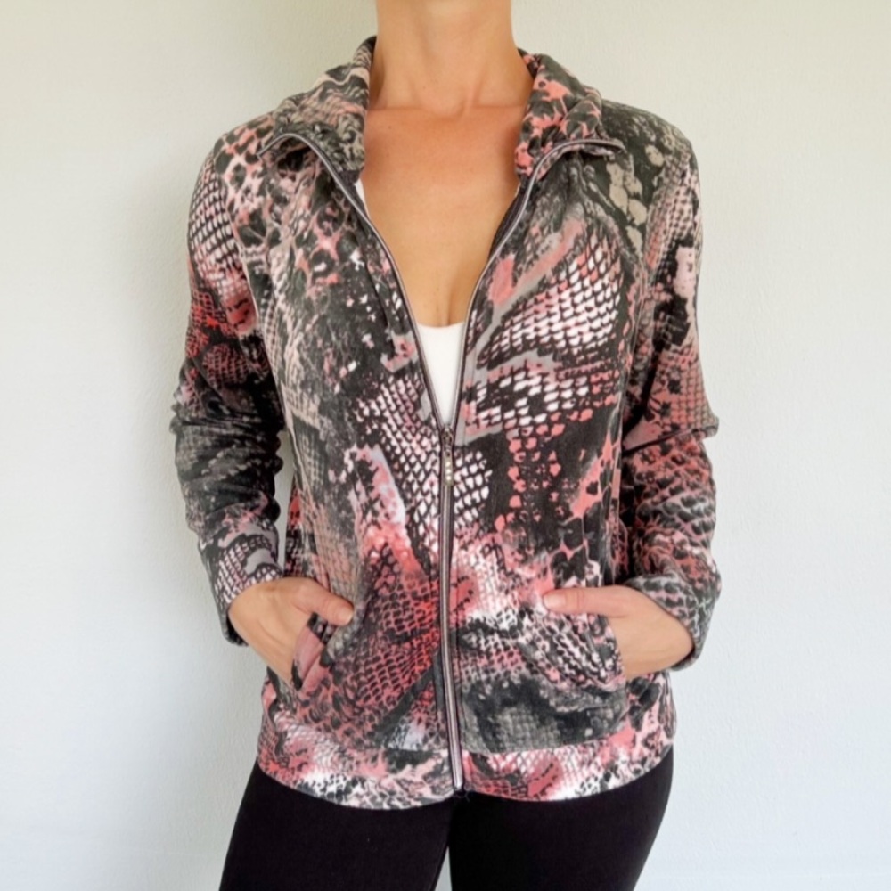 Onque Casuals gray pink velour snake print full zip track jacket size large